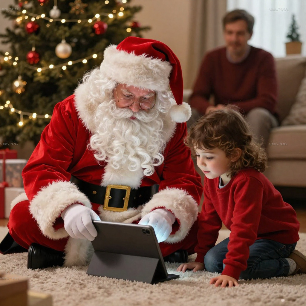 Santa Claus Using a Tablet with Child at Home During Christmas