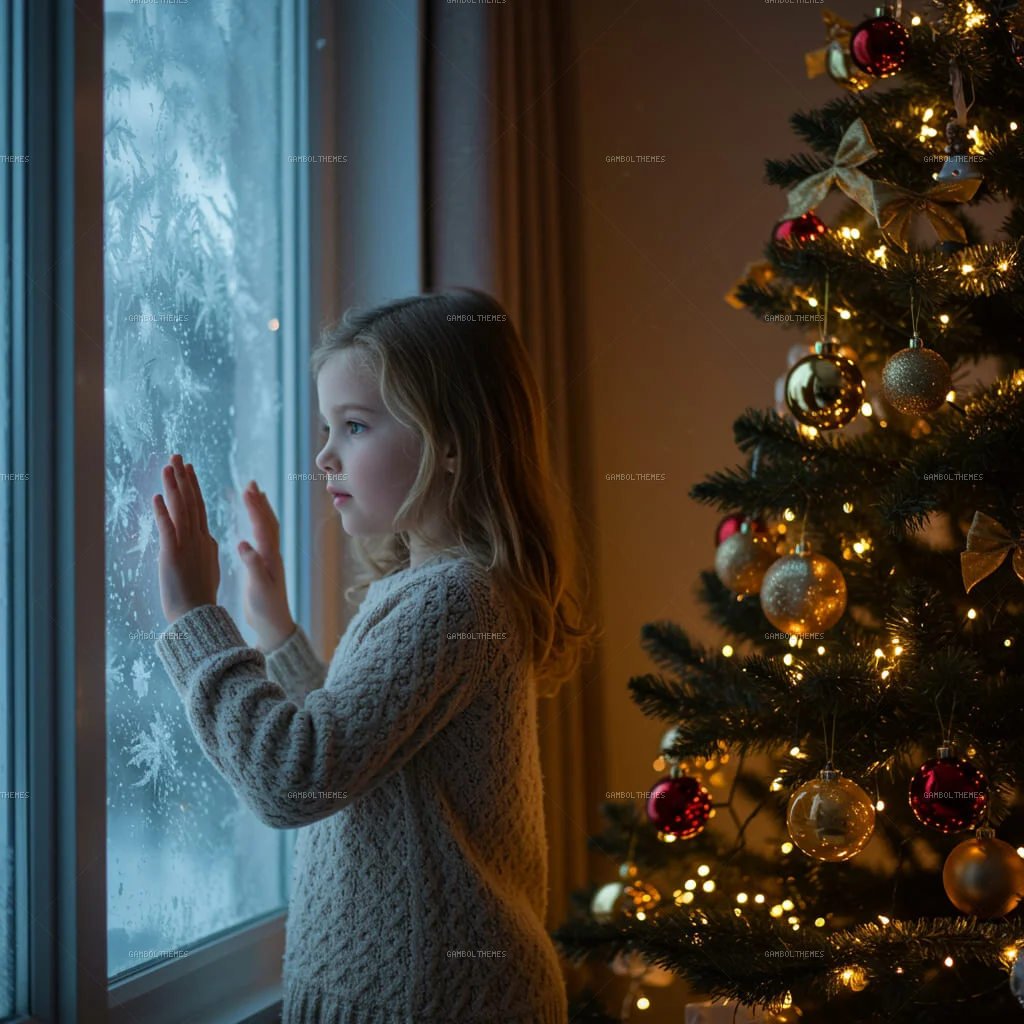 Child Watching Snowfall by Window Beside Christmas Tree at Home